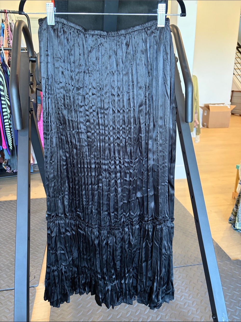 Chico's Black Pleated Satin Tiered Maxi Skirt